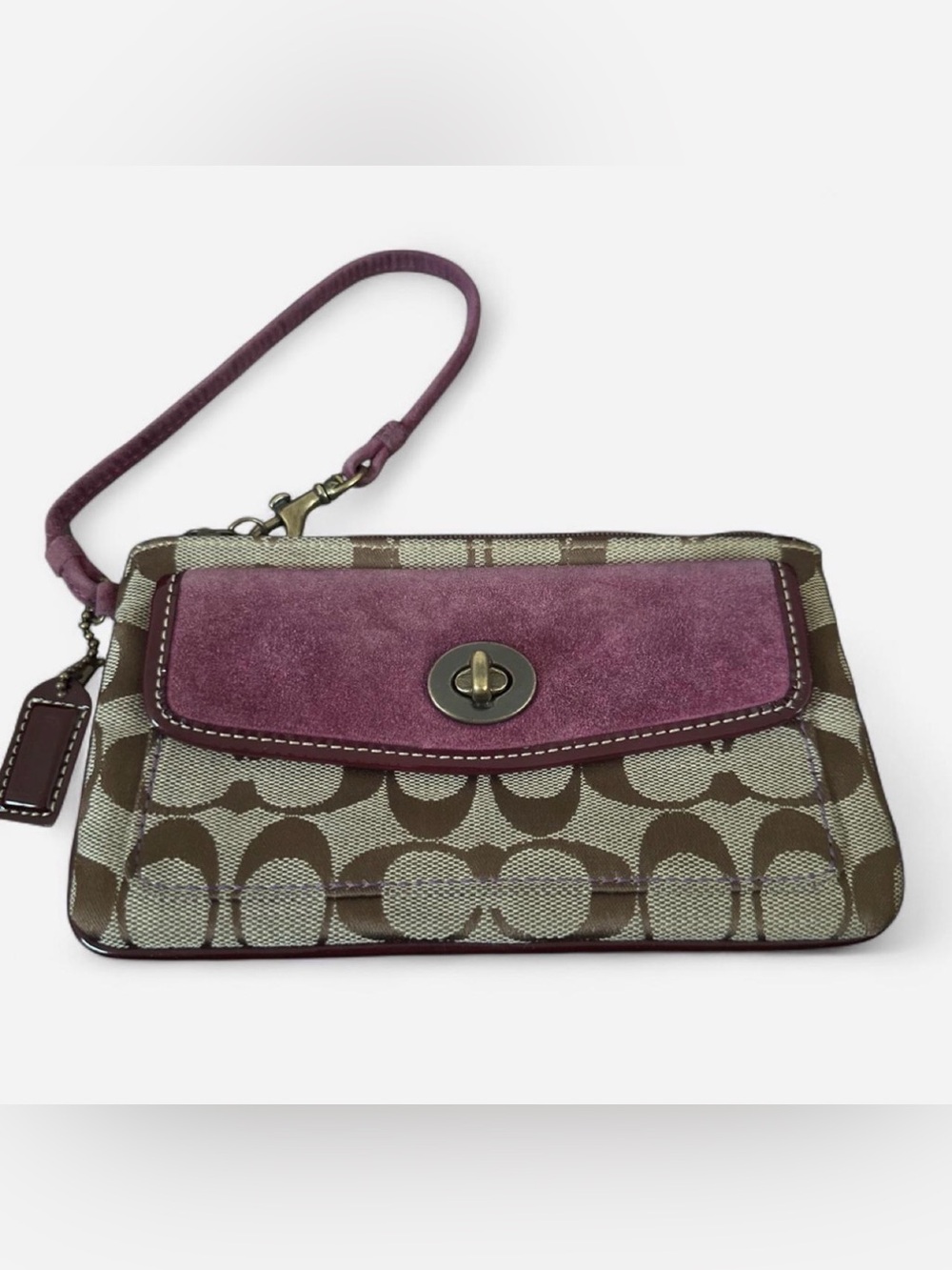 Coach Brown Signature Canvas Wristlet with Plum Suede Flap